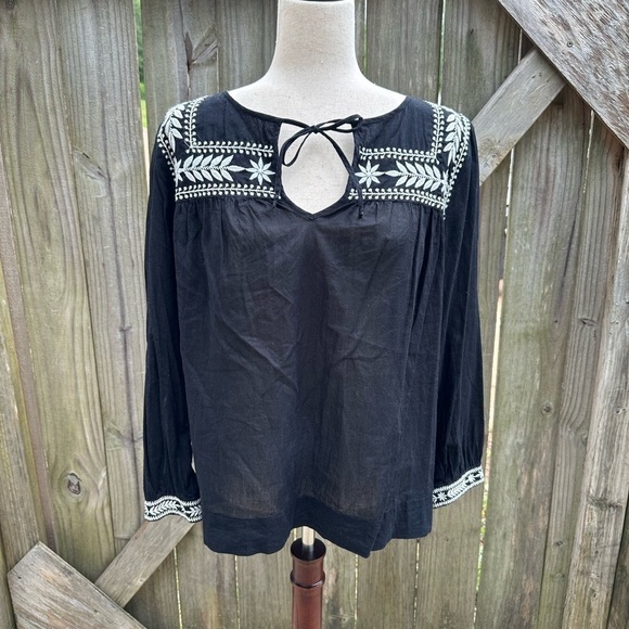 J. Crew Boho Popover Embroidered Semolina Indian Voile Black Peplum Sleeve Top - Picture 4 of 10